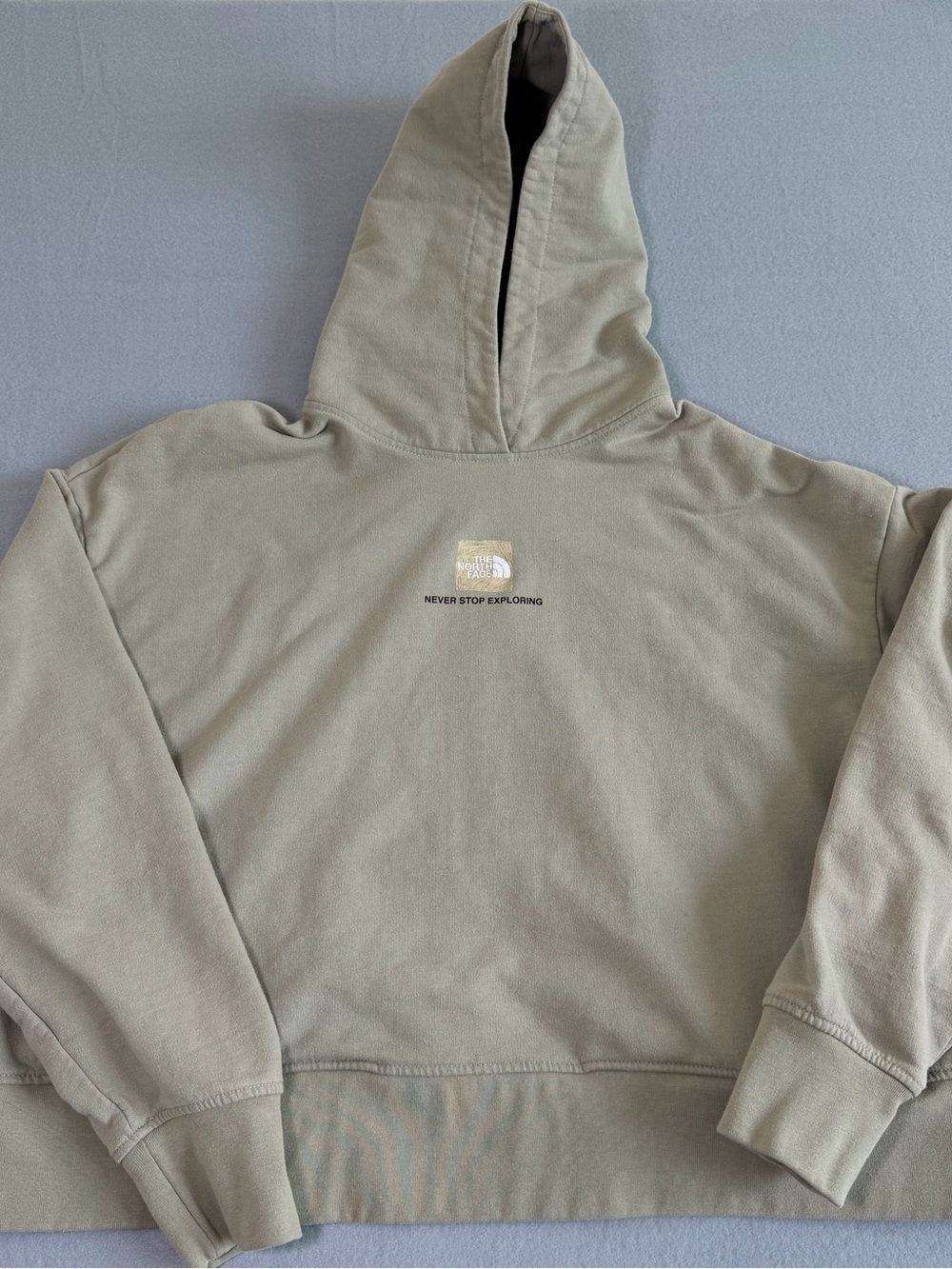 The North Face Tan Cropped Graphic Hoodie Womens XL Never Stop Exploring Khaki
